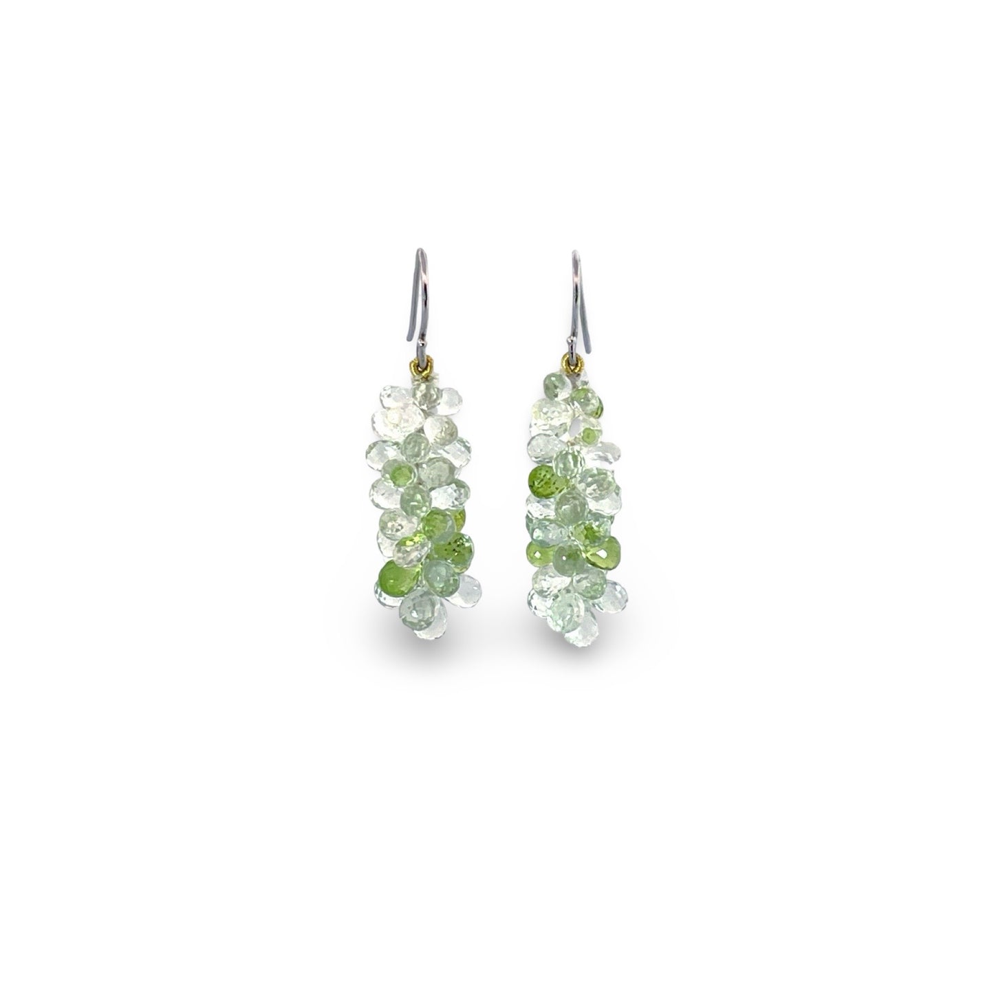 Earrings 18k white gold with briolettes in rock crystal and peridot