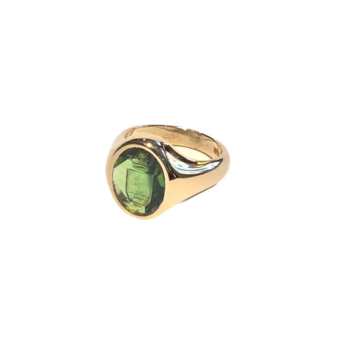 Red gold hoop earring with green tourmaline, heraldic engraving
